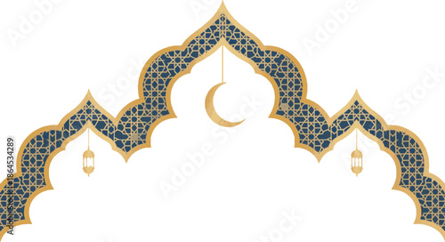Elegant Islamic Arch Frame with Gold Border and Hanging Lanterns