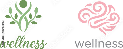 Wellness logo set with human nature growth symbol and brain mindfulness icon for holistic health psychology and self care brands