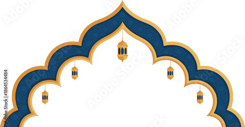 Elegant Islamic Arch Frame with Gold Border and Hanging Lanterns