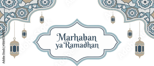 Marhaban Ya Ramadhan Greeting Card with Blue Islamic Patterns and Lanterns
