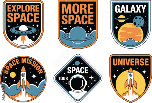 Colorful Space Themed Embroidered Patches with Rockets and Planets