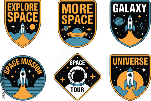 Colorful space themed patches with rockets and planets