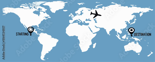 World Map with Airplane Route Vector Illustration – Global Travel, Flight Path, International Journey, and Transportation Concept
