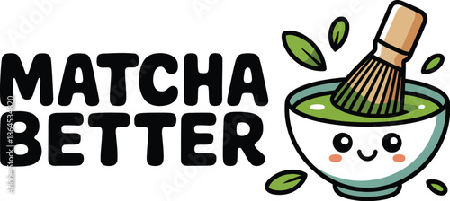 Cute cartoon bowl with whisk and green matcha powder