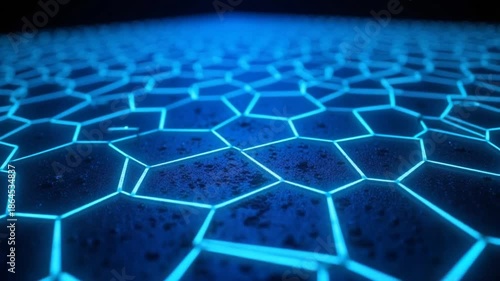 Glowing blue hexagonal grid with futuristic neon lights and dark background