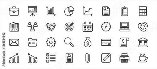 Business and office icon set in thin line design. Contains icon symbol of briefcase, chart, presentation board, handshake, calculator, target, folder, teamwork, management. Vector illustration.