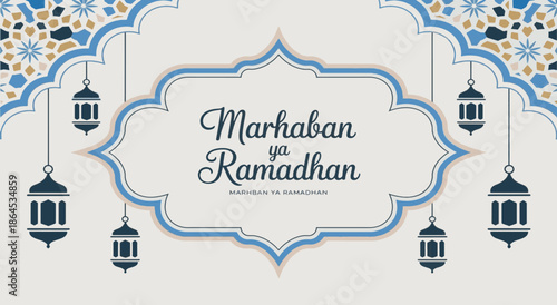 Marhaban Ya Ramadhan Greeting Card with Blue Islamic Patterns and Lanterns