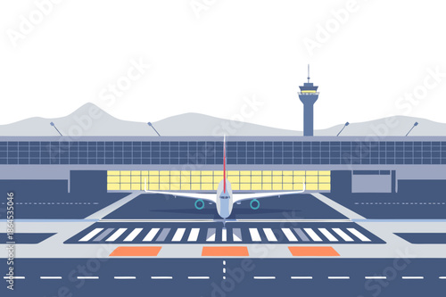 Airport Runway with Airplane Vector Illustration – Aviation Travel, Transportation Infrastructure, and Flight Departure Concept 