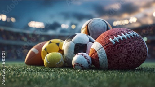 A cluster of sports balls   - football,  basketball, soccer, tennis, golf - rests on a grassy field