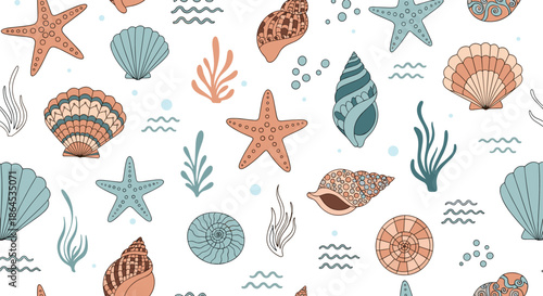 A charming seamless pattern of various hand-drawn seashells, starfish, and algae in a soft color palette for summer designs.