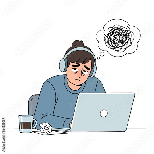 Tired person wearing headphones working on laptop experiencing significant stress