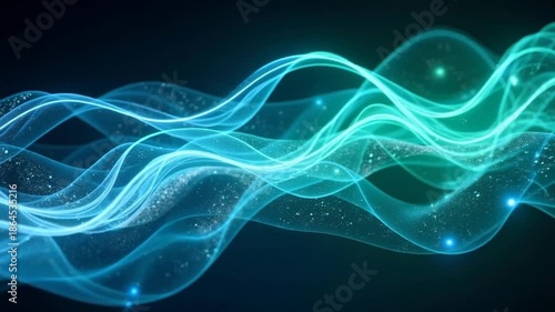 Glowing blue waves with particles on dark background for tech designs