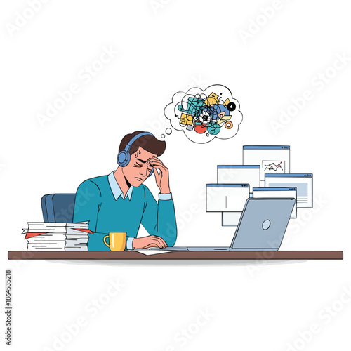 Overwhelmed student struggling with information overload and digital work stress