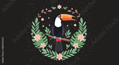A beautiful toucan bird sitting on a branch within a tropical floral wreath against a dark, textured background illustration.