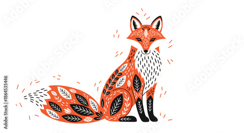 A beautiful stylized fox illustration with intricate black and white folk art patterns on its orange fur and bushy tail.
