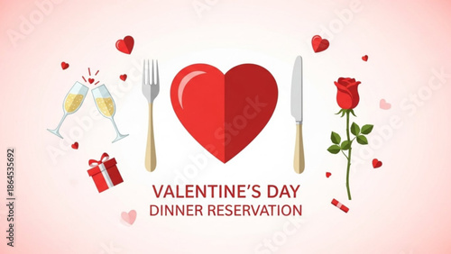 Valentine's day dinner reservation concept with heart, rose, champagne glasses, gift, fork, knife on pink background with Valentine s Day and romance