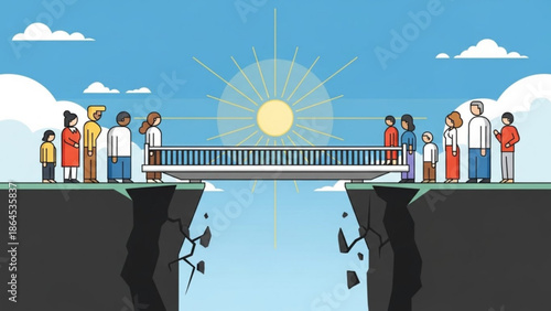 Diverse group of people standing on cliff edges facing each other across a bridge towards a sunny sky with clouds, symbolizing connection and unity