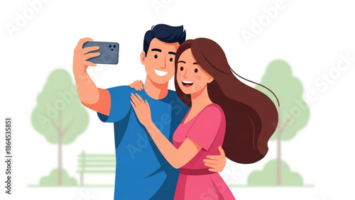 A smiling man and woman take a selfie together in a park with trees and a bench with couple and happy and love and romance and relationship and outdoors