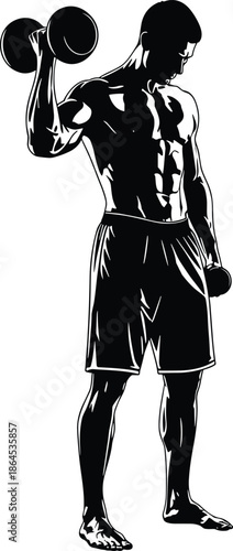 Strong athletic man lifting dumbbells silhouette vector illustration representing fitness training bodybuilding workout isolated on white background for sport design