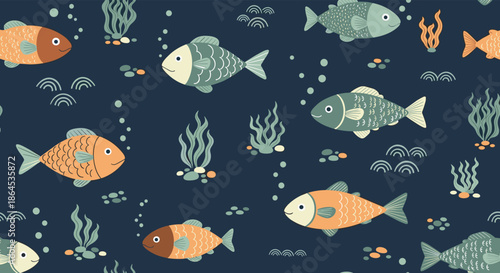 A charming seamless pattern of cute cartoon fish swimming among seaweed and pebbles on a dark blue underwater background vector.