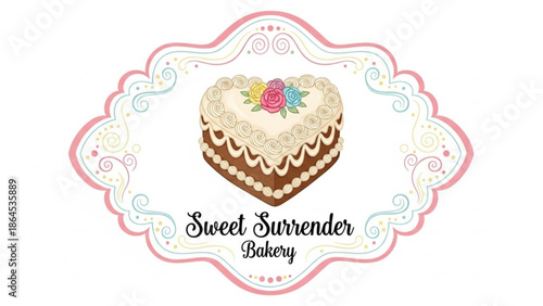 Heart shaped cake with white frosting and floral decoration on a decorative background for bakery or dessert concept with sweet and pastry and confectionery