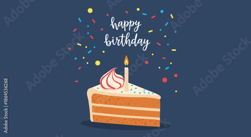A charming illustration of a slice of birthday cake with a lit candle and colorful confetti against a dark blue background.