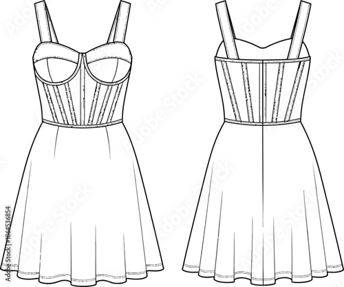 fashion technical illustration of a strappy corset dress with a flared skirt front and back views