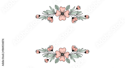A beautiful hand-drawn floral border element with pink blossoms and sketched leaves, ideal for elegant card and stationery design.