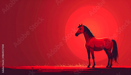 Dark red background with light center highlight, flat cartoon horse bottom right