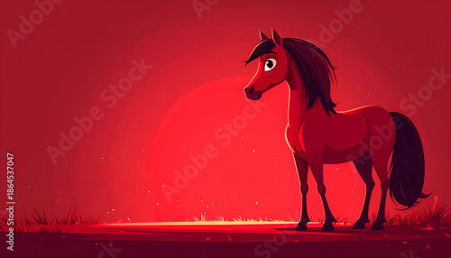 Dark red background with light center highlight, flat cartoon horse bottom right