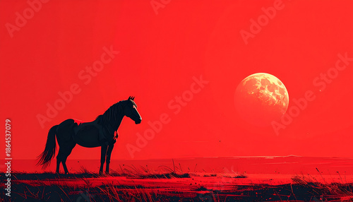 Minimal red background, simple line-art horse at bottom left, modern and clean