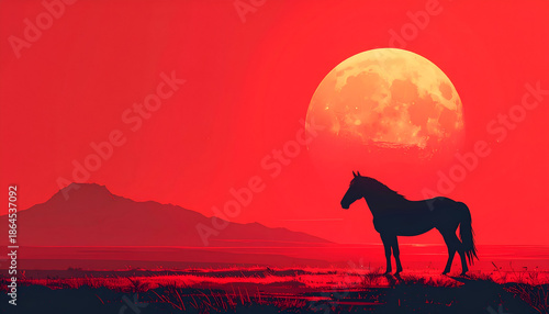 Plain rich red background, flat-style horse icon placed bottom right