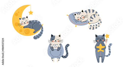An adorable collection of cute cartoon cats sleeping on the moon, a pillow, and holding a star, perfect for nursery decor.