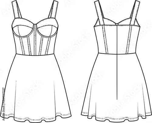 Fashion technical illustration of a strappy corset style dress with a flared skirt design