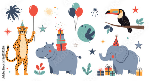 A festive collection of jungle animals celebrating a birthday, including a leopard, hippo, elephant, and toucan with party hats.