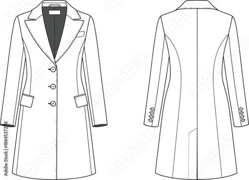 Technical fashion illustration of a classic women s longline coat with front and back views