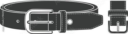 A detailed illustration of a classic black leather belt with a silver buckle and loop