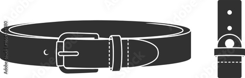 A simple black leather belt with a silver buckle and adjustable strap detail illustrated