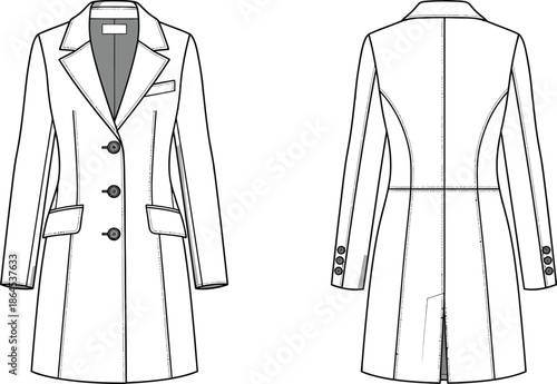Technical fashion illustration of a classic women s tailored coat front and back views displayed