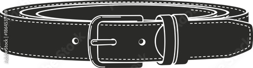 A simple black leather belt with a silver buckle is neatly displayed on a white background