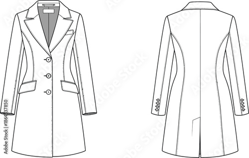 Technical fashion illustration of a classic women s tailored coat front and back views displayed