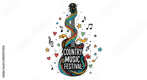 A vibrant and artistic 'Country Music Festival' design featuring a decorated guitar with colorful ribbons, notes, and stars.