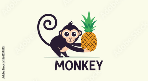 A cute and simple logo design of a monkey holding a pineapple, with the word 'Monkey' below in a clean modern font.