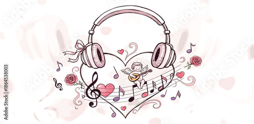 Beautiful illustration of headphones with hearts and musical notes symbolizing love and music