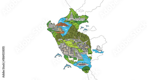 An artistic illustrated map of Peru showcasing its diverse geography and iconic tourist attractions, including Machu Picchu and wildlife.