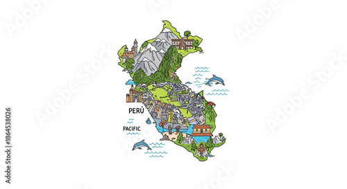 A creative and detailed illustrated travel map of Peru, highlighting famous landmarks like Machu Picchu, mountains, and local culture.