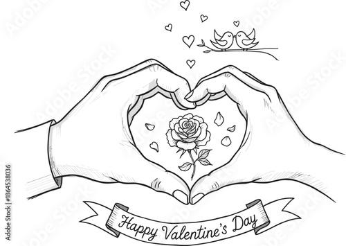 A Tender Valentine's Day Gesture Hands Form a Heart Around a Rose, with Birds on a Branch and a Celebratory Banner