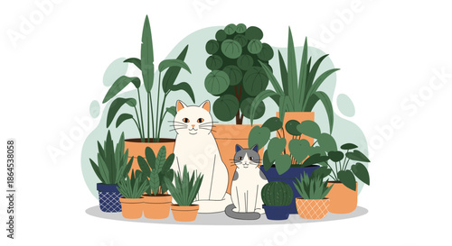 A charming illustration of two cute cats sitting among a variety of potted houseplants, creating a cozy urban jungle scene.