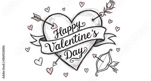 Happy Valentine's Day greeting with Cupid's arrows piercing a heart and decorative elements