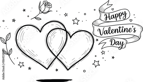 Hand-drawn romantic illustration featuring two intertwined hearts, a blossoming rose, and a festive banner with celebratory message, perfect for expressing deep love and affection on special occasions
